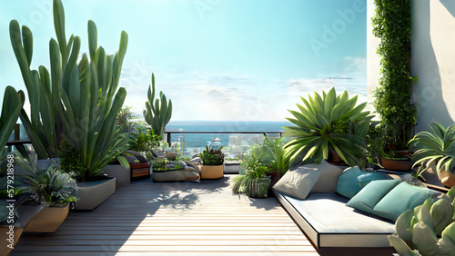rooftop with a garden and ocean view, patio view, relax, holiday