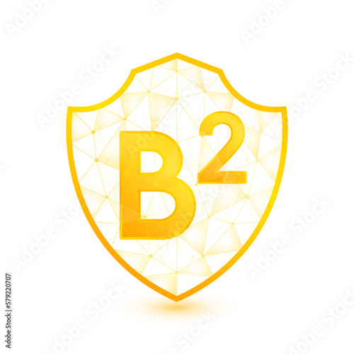 Vitamin B2 shield polygonal translucent yellow. Low poly triangle modern futuristic protection. Boost your immunity. Vector isolated on white background. Medical health immune innovation concept.