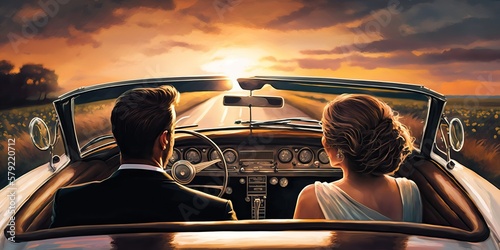 Bride and groom driving to ...