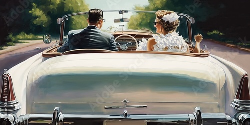 Bride and groom driving to ...