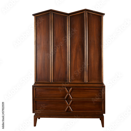 Wooden chest, mid-century modern wardrobe. Unique sculpural design. No background. photo