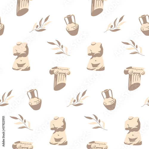 Ancient Greek art statue seamless pattern with torso sculpture brocken column amphora olive branch