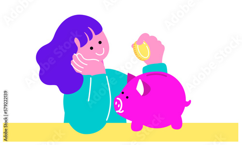 貯金箱にお金を貯める女の子のイラスト
