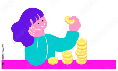 お金を積み上げる女性のイラスト
