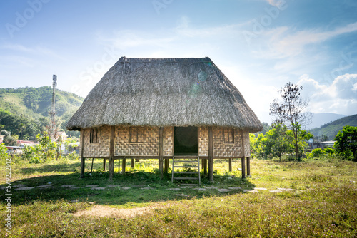 Rong house in Bahnar villages in Highland Vietnam. Rong house is used as a place to organize festivals, village meetings, is the communal house of Bahnar, Jar