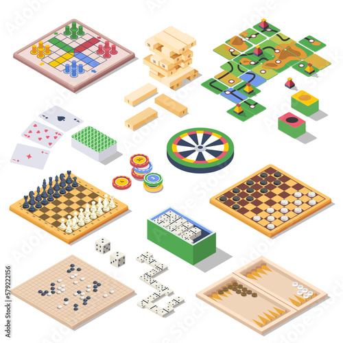 Board games, domino and chess, jenga and cards photo