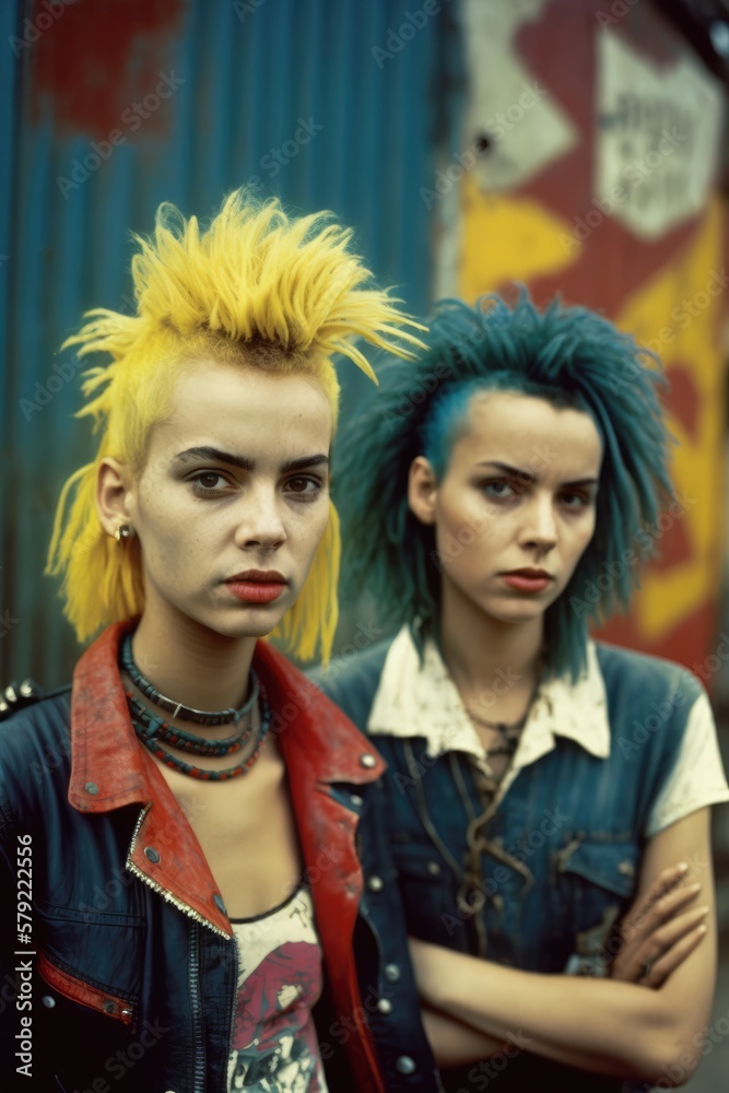 Obraz premium Portrait of two beautiful punk girls with colored dyed hair. Punk style. Urban tribes. Generative AI