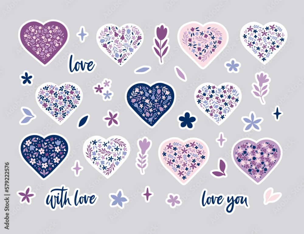Flower heart stickers flat vector illustration. Cartoon handdrawn love set for Mothers Day holiday. Floral cute collection symbols for daily planner, calendar, diary, organizer, scrapbook. - obrazy, fototapety, plakaty 