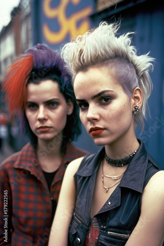 Portrait of two beautiful punk girls with colored dyed hair. Punk style. Urban tribes. Generative AI