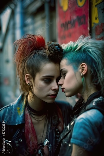 Portrait of two beautiful punk girls with colored dyed hair. Punk style. Urban tribes. Generative AI