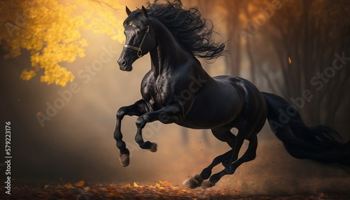 black stalion horse jumping in front of forest made with generative AI