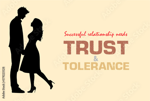 Successful relationship needs trust and tolerance. Romantic silhouette of loving couple illustration. Greeting card, well wishes card. Matrimonial bliss Poster and banner for display.