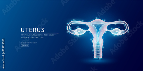 Website template. Female uterus anatomy translucent low poly triangles. Futuristic glowing organ hologram on dark blue background. Medical innovation diagnosis treatment concept. Banner vector.
