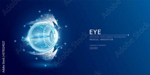 Website template. Human eyeball anatomy translucent low poly triangles. Futuristic glowing organ hologram on dark blue background. Medical innovation diagnosis treatment concept. Banner vector.