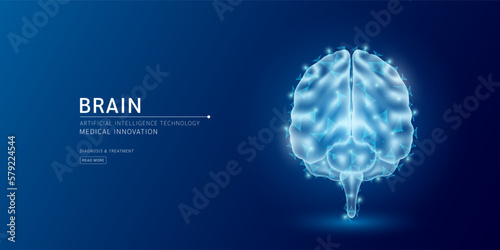 Website template. Human brain anatomy translucent low poly triangles. Futuristic glowing organ hologram on dark blue background. Medical innovation diagnosis treatment concept. Banner vector EPS10.