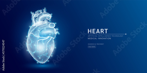 Website template. Human heart anatomy translucent low poly triangles. Futuristic glowing organ hologram on dark blue background. Medical innovation diagnosis treatment concept. Banner vector.