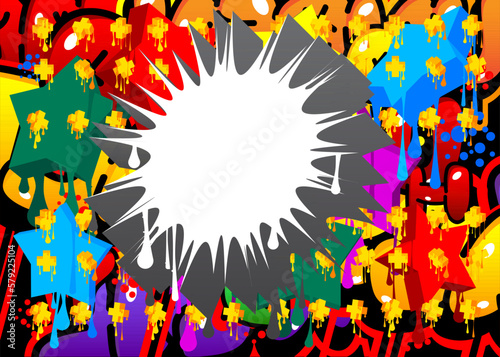 White speech bubble on colorful Graffiti background. Abstract modern street art decoration performed in urban painting style.