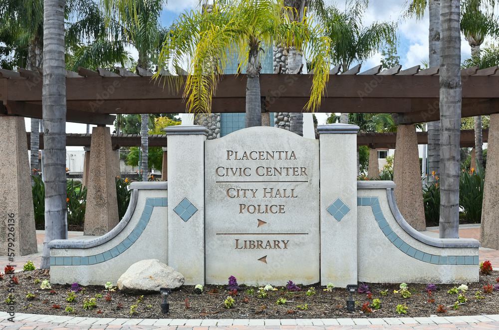 PLACENTIA, CALIFORNIA 8 MAR 2023 Placentia Civic Center sign closeup