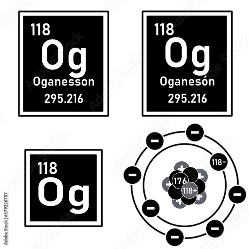 Icon of the element Oganesson of the periodic table with representation of its atom