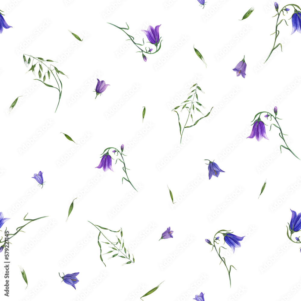 Fototapeta premium Floral seamless pattern of campanula, wild oats isolated on white background. Watercolor hand drawn illustration for poster, scrapbooking, invitations, prints, wallpaper, fabric, textile, wrapping.
