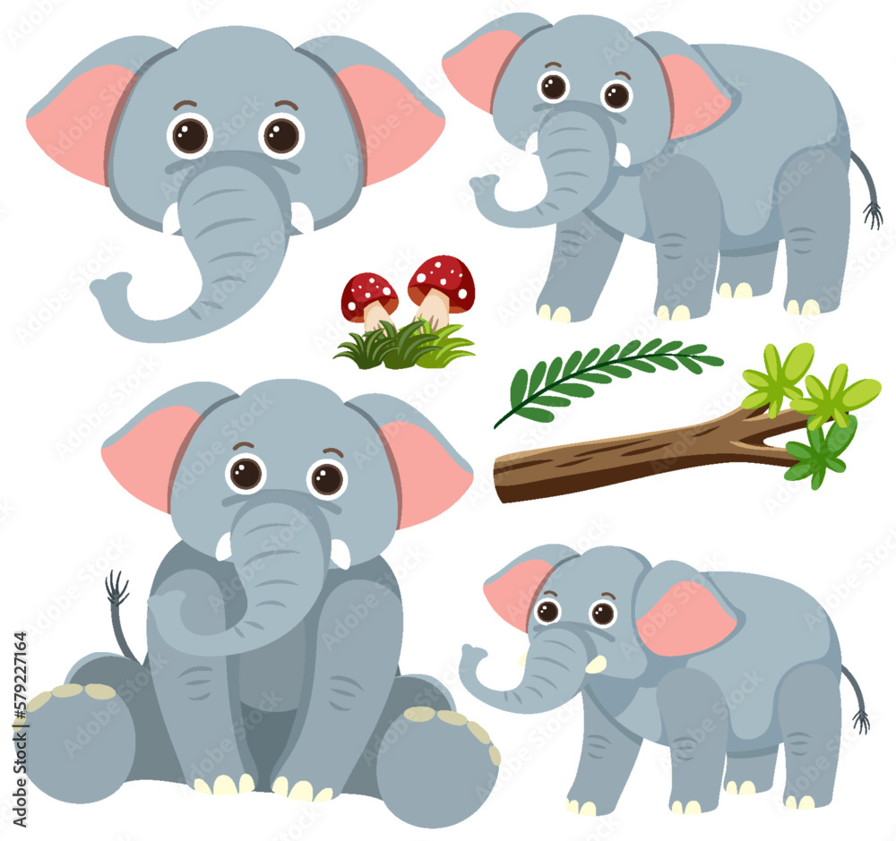 Naklejka premium Set of cute elephant cartoon character