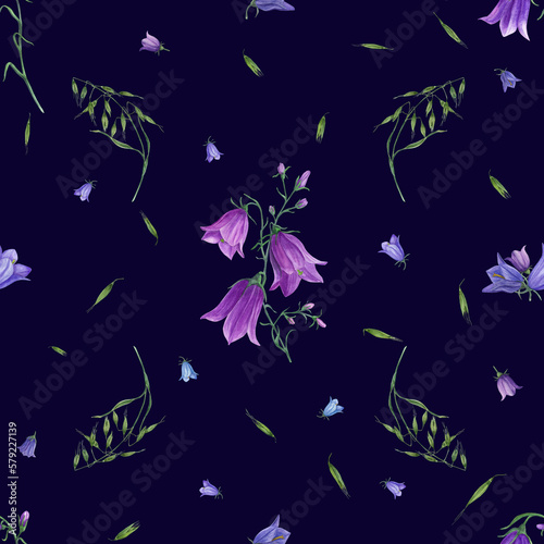 Watercolor seamless pattern of bluebells, wild oats isolated on dark background. For postcard, poster, scrapbooking, invitations, background, prints, wallpaper, fabric, textile, wrapping.