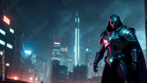 Cyberpunk City at Night with Armored Super Hero Bright Lights Cloudy Sky Generative AI Illustration