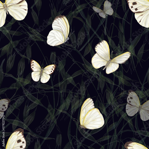 Watercolor seamless pattern of flying white butterflies isolated on dark background of wild oats. For greeting card design  invitation template  prints  wallpaper  fabric  textile  wrapping.