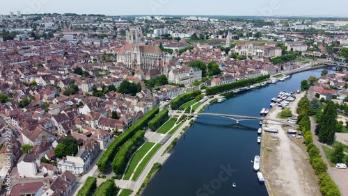 4K aerial drone view of Auxerre, which is the capital of the Yonne department and the fourth-largest city in Burgundy photo