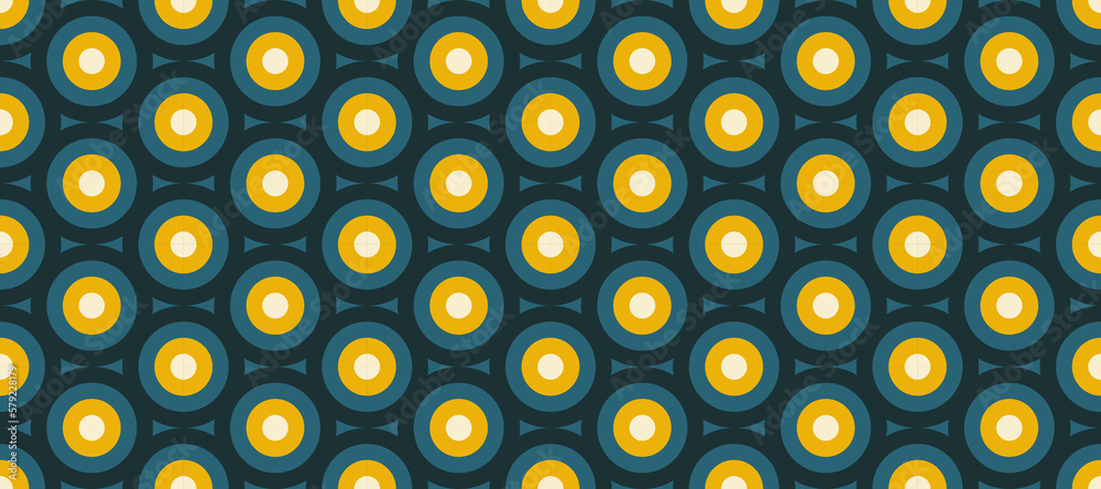 Retro concentric circles seamless pattern. Vintage abstract geometric background in 70s or 80s style. Colourful fabric and textile design. Vector wallpaper. 