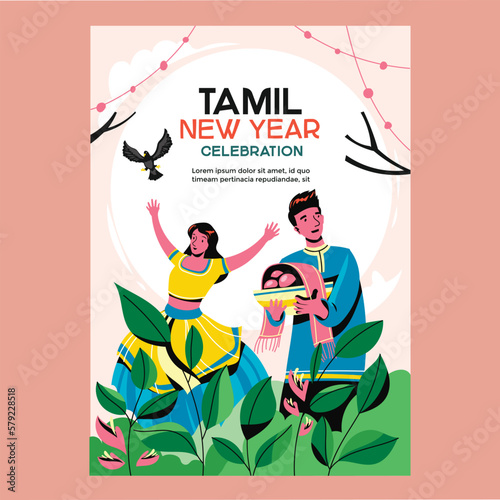 Happy Tamil New Year Poster or flyer with couple pray background