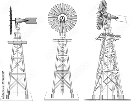 Vector sketch illustration of waterwheel tower for irrigation