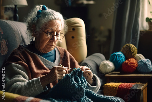 older woman knitting in her home with window light photo