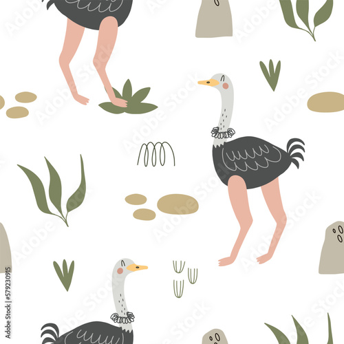 Seamless pattern with cute ostrich surrounded by tropical plants. Vector illustration with warm colors on a white background for your design