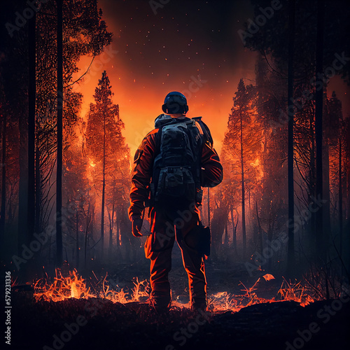 fireman in the fire  deep forest  generative ai