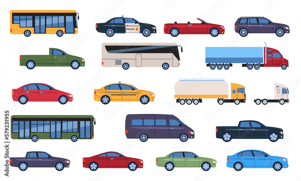 Set of different vehicles. Stickers with cars, buses, delivery trucks