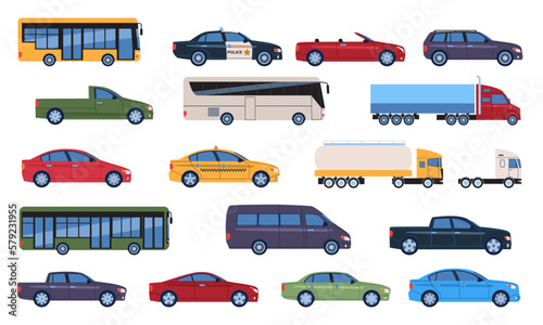 Set of different vehicles. Stickers with cars, buses, delivery trucks, taxis and transport for passengers. Cars for driving on urban roads. Cartoon flat vector collection isolated on white background