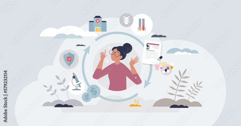 Health information exchange for effective healthcare tiny person concept. Medical system for prescription documentation, illness history, diagnostic testing results and payments vector illustration. - obrazy, fototapety, plakaty 
