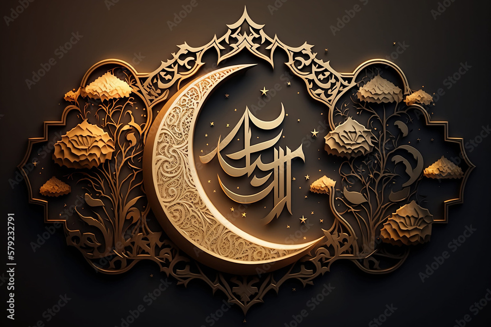 Happy Eid Islamic Arabic Dark Theme Ornamental Arch Shape Background, Ai Generative