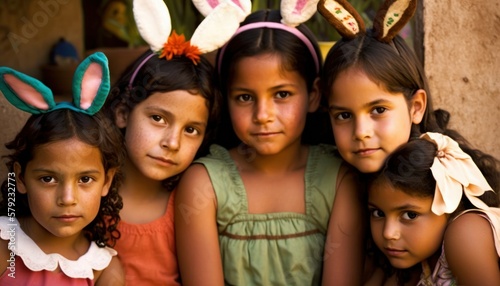 Easter Joy Hispanic Kids Girls Dressed Up Bunny Ears Smiling Celebrating Holiday with Joy  Happiness generative AI