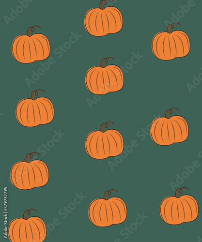 Calabazas naranjas sobre fondo verde, patrón de calabazas dibujadas a mano ilustración linda para estampado textil