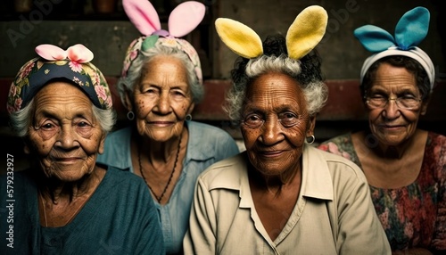 Easter Joy Multiracial Elderly Women Dressed Up Bunny Ears Smiling Celebrating Holiday with Joy, Happiness generative AI © Get Stock