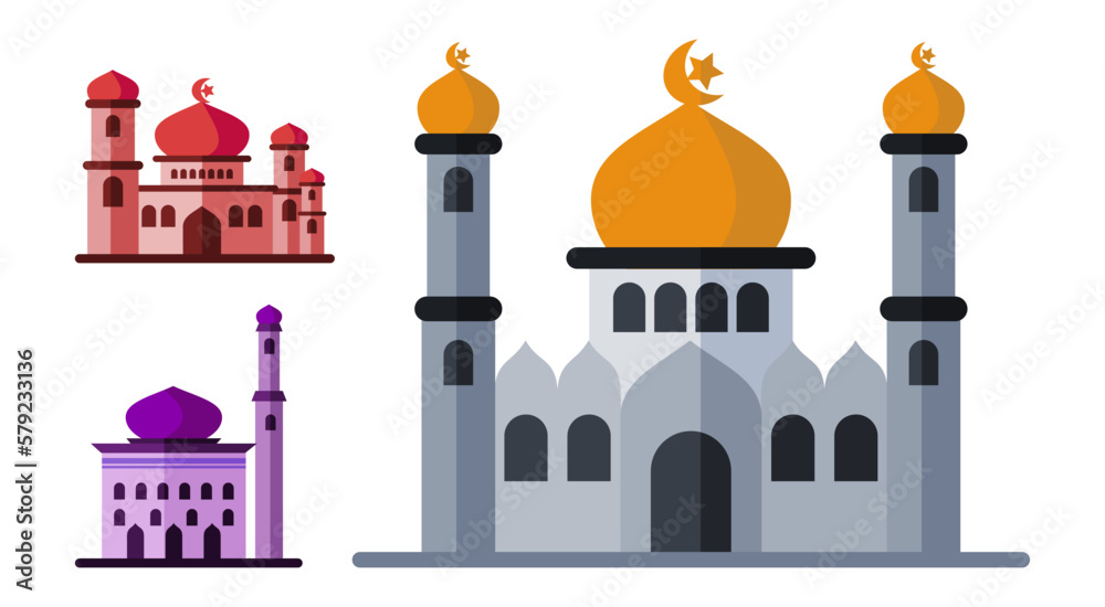 mosque illustration collection, ramadan kareem, in flat 2d style. perfect for design greeting cards, infographics, posters, diagrams. ramadan celebration.