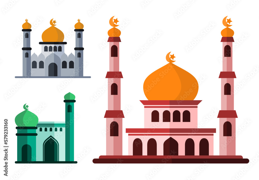 vector mosque design, with bundle illustration, modern architect concept and bright color, isolated 2d flat style. perfect for design infographics, posters, stickers, greeting cards.