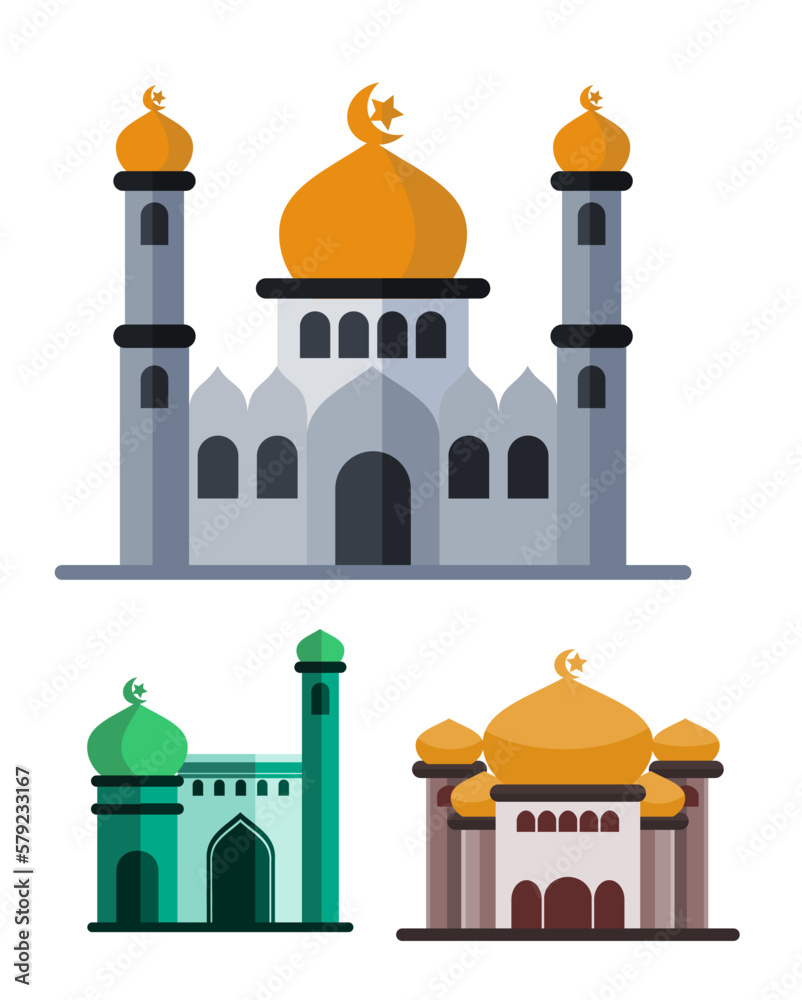 vector mosque design, with bundle illustration, modern architect concept and bright color, isolated 2d flat style. perfect for design infographics, posters, stickers, greeting cards.