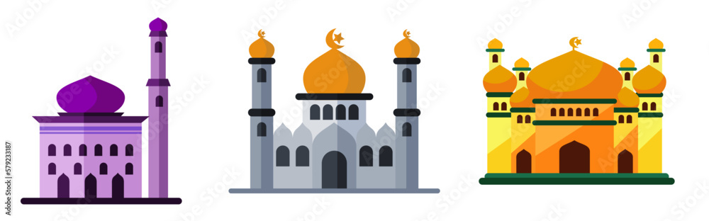 Ramadan Kareem, mosque illustration in isolated 2d vector style, modern islamic architecture, crescent moon. mosque assets. suitable for infographics, greeting cards, posters, stickers.