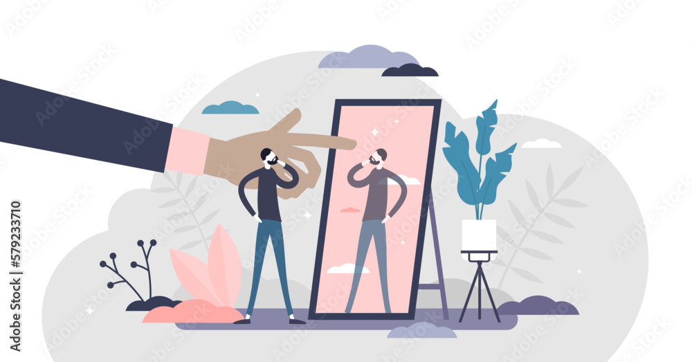 Self absorption concept, flat tiny person illustration, transparent background. Relationships with self image and personal analysis. Reflection thoughts on life attitude and personality traits. - obrazy, fototapety, plakaty 