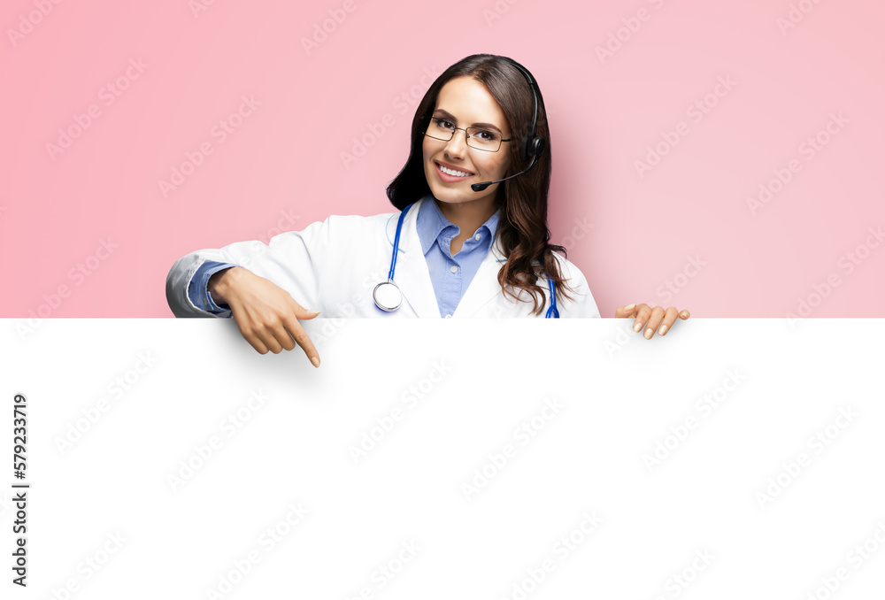 Medical Help Call Center. Smiling doctor in headset. Woman in eye glasses peep behind show white empty signboard banner isolate rose pink background. Online video conference lab pharmacist. Advise Medical Help Call Center. Smiling doctor in headset. Woman in eye glasses peep behind show white empty signboard banner isolate rose pink background. Online video conference lab pharmacist. Advise
