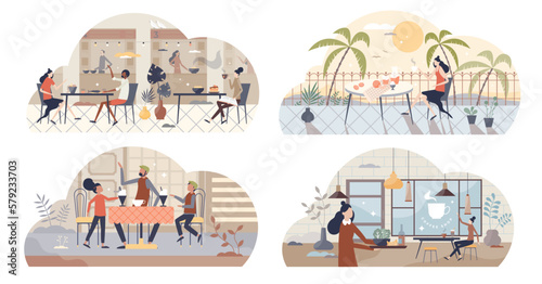 Restaurant, cafe and catering as food service tiny person collection set, transparent background. Food and drink place with waitress or waiter, chef and kitchen illustration.