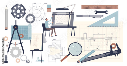 Technical drawing and detailed blueprint draft elements tiny person collection set, transparent background. Engineering or architect work items and tools illustration.
